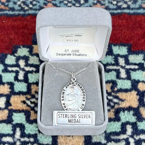 St. Jude Patron Saint Sterling Silver Oval Religious Medal Necklace 16” Chain